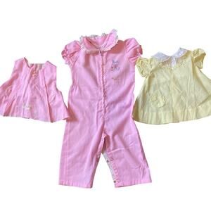 VTG 70-80s BabyGirl Outfit PinkYellow 2Tops 1Jumpsuit Festival Holiday 9-18M